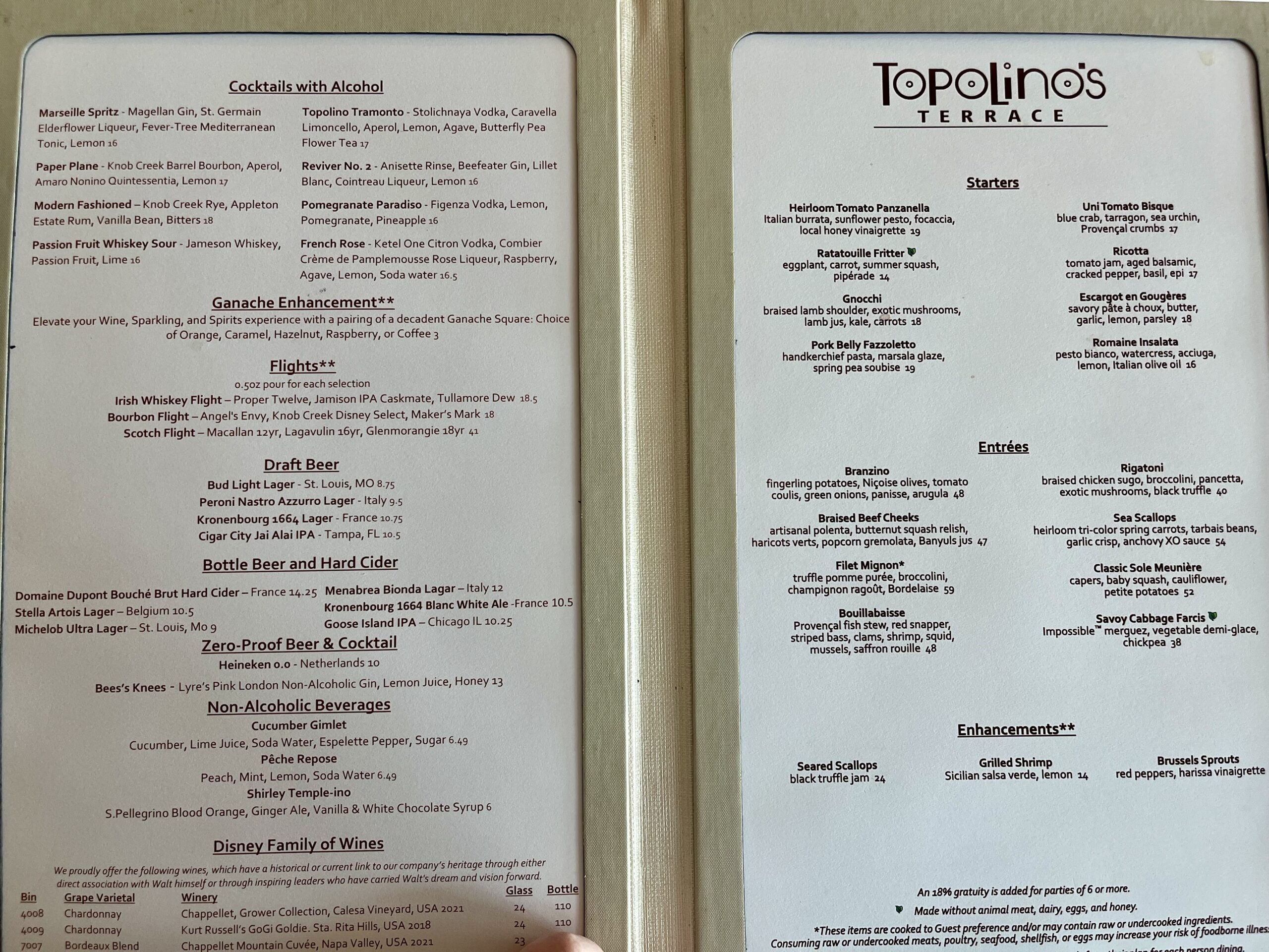 Topolino's Terrace Dinner menu